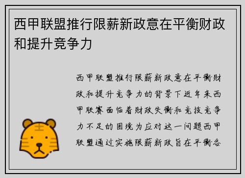 西甲联盟推行限薪新政意在平衡财政和提升竞争力