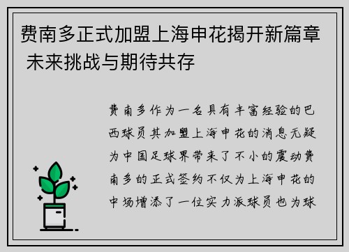 费南多正式加盟上海申花揭开新篇章 未来挑战与期待共存
